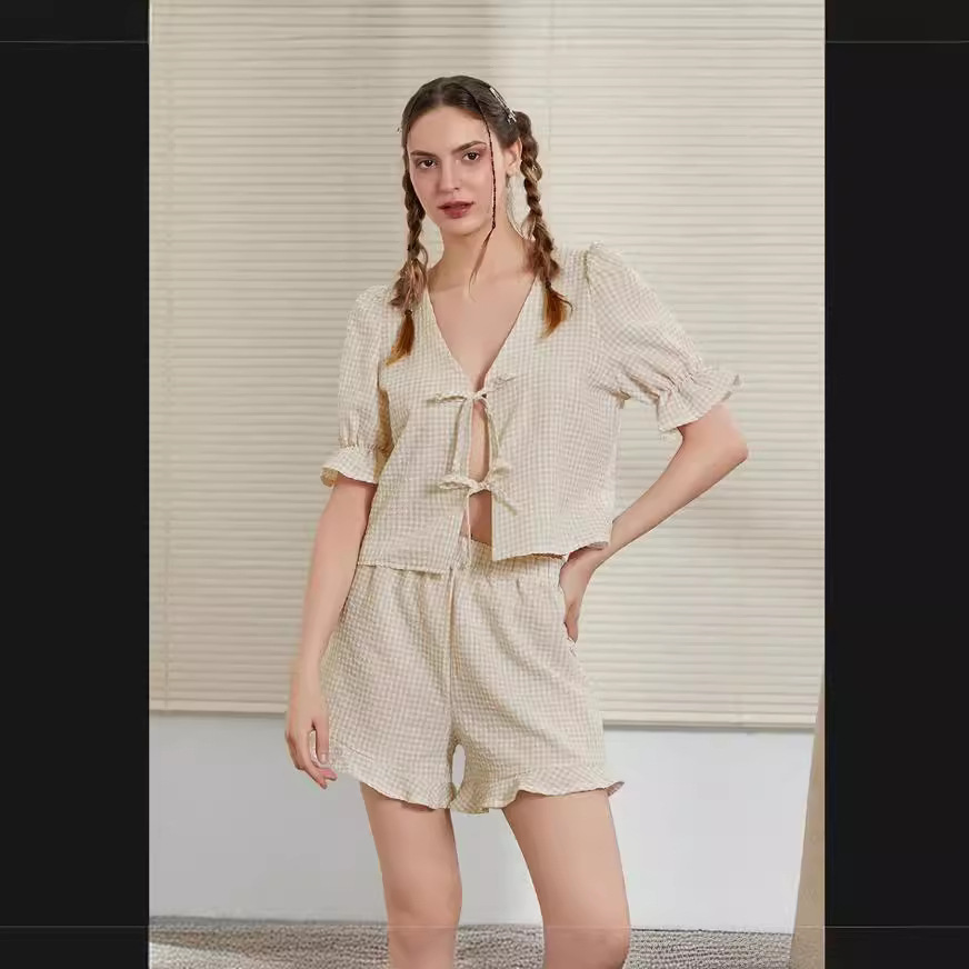 Summer New Style Comfortable Casual Women's Lace-Up Tops Short-Sleeved Shorts Ruffled Elastic Waist Shorts Suit