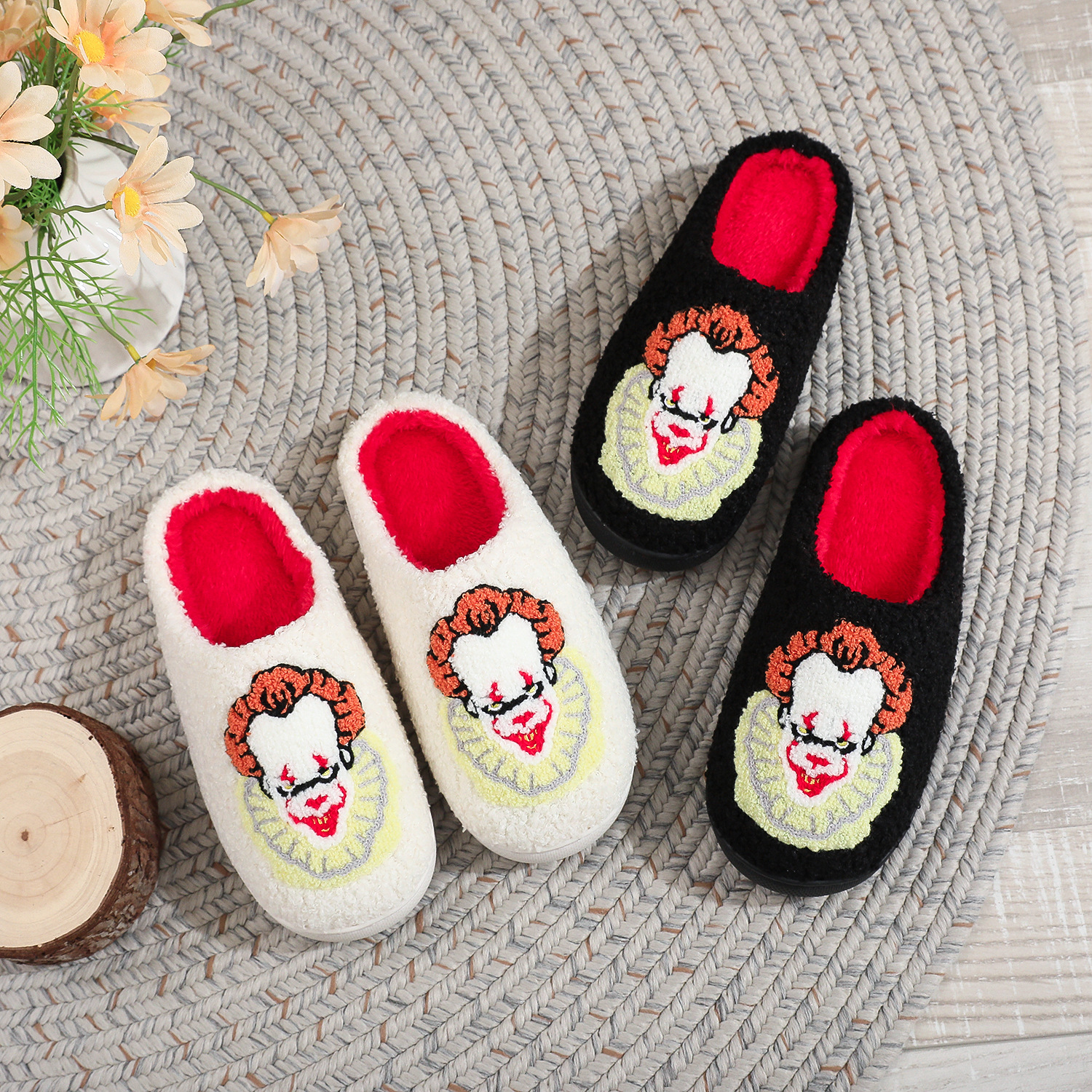 25 New Cross-Border Halloween Funny Clown Cotton Slippers for Women Cartoon Horror Movie Christmas Warm Wool Slippers for Men