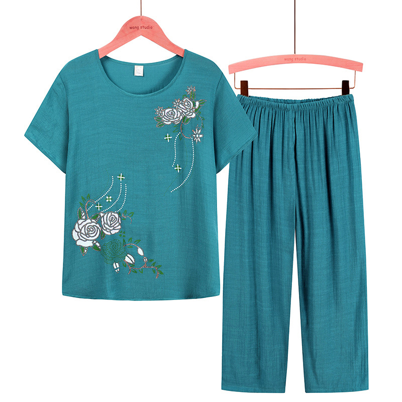 Picture of Middle-aged and elderly women's summer two-piece mother's 70-year-old grandmother's short-sleeved T-shirt jacket set Old Lady's pajamas