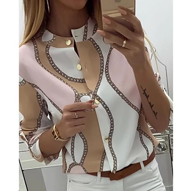 Picture of 2019 European and American wish Amazon autumn and winter chain Printed Lapel long sleeve shirt women's spot