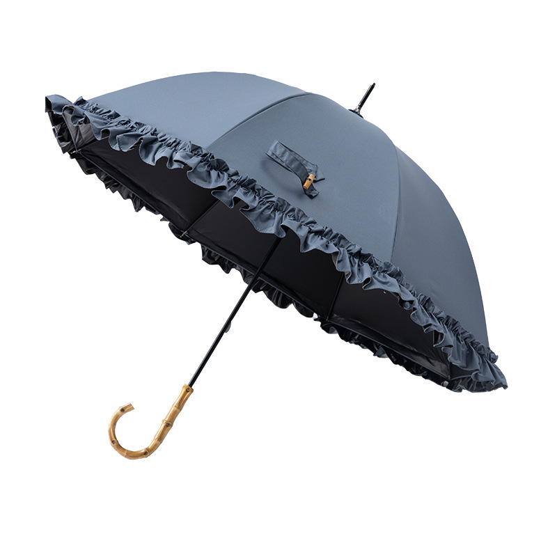 Picture of Large Lace Vinyl Sun Protection Umbrella Anti-Uv Parasol Bamboo Curved Handle Straight Umbrella Manual Sunny Umbrella Wholesale