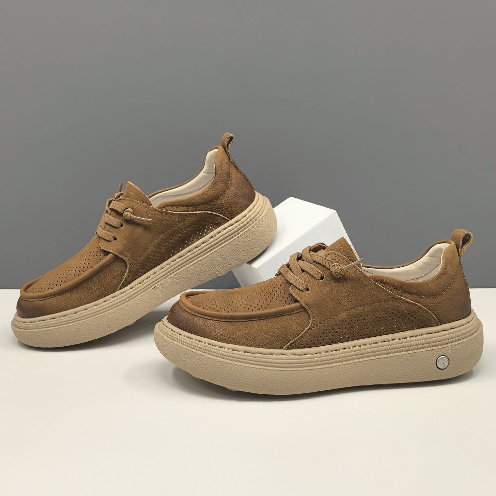 Men's Top-Layer Cowhide Sports Board Shoes Men's Trendy Shoes Genuine Leather European Station Niche Summer Hollow Breathable Casual Shoes