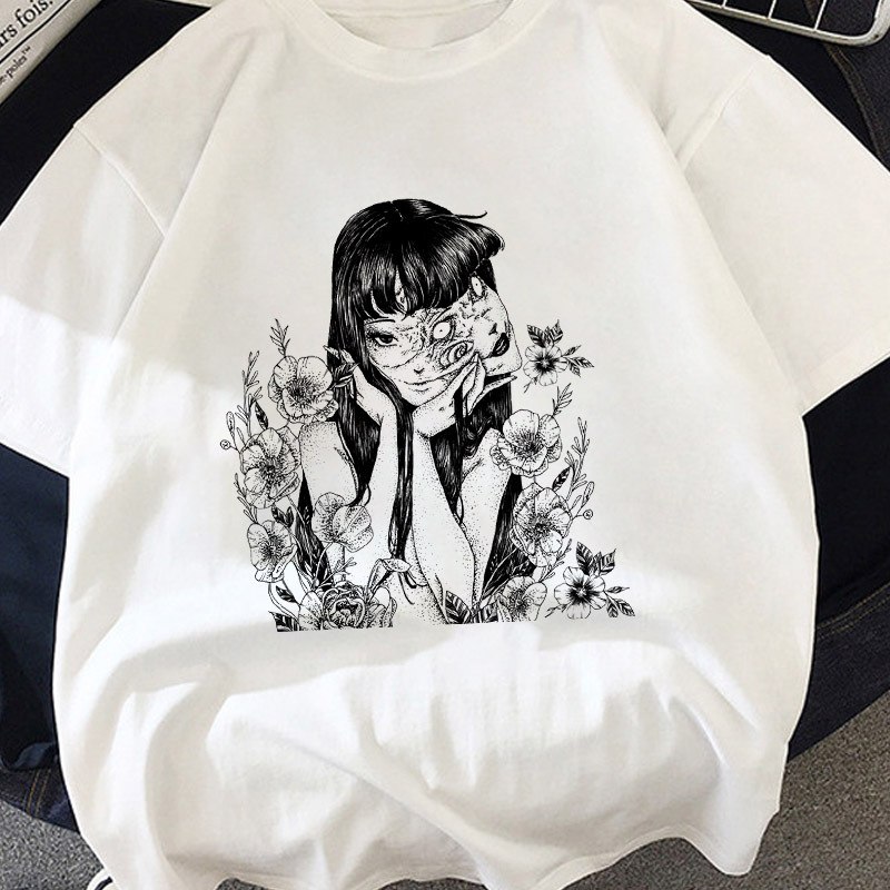 Junji Ito Dark Cartoon Tearful girlt Printed T-shirt Short Sleeve Foreign Trade wish/ebay Amazon
