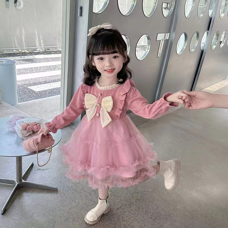 New puffy skirt for children sweet and fashionable girls long sleeve princess skirt corduroy heavy industry dress fashion