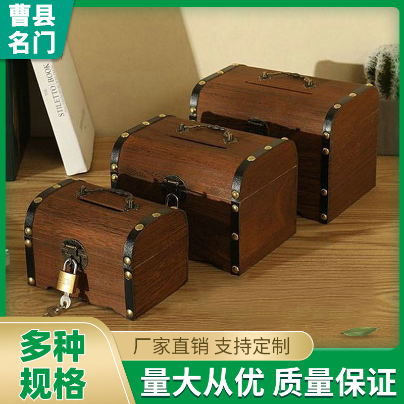 Ready Supply of Retro Wooden Coin Piggy Bank Piggy Bank Flip Cover with Lock Treasure Box Gift Piggy Bank