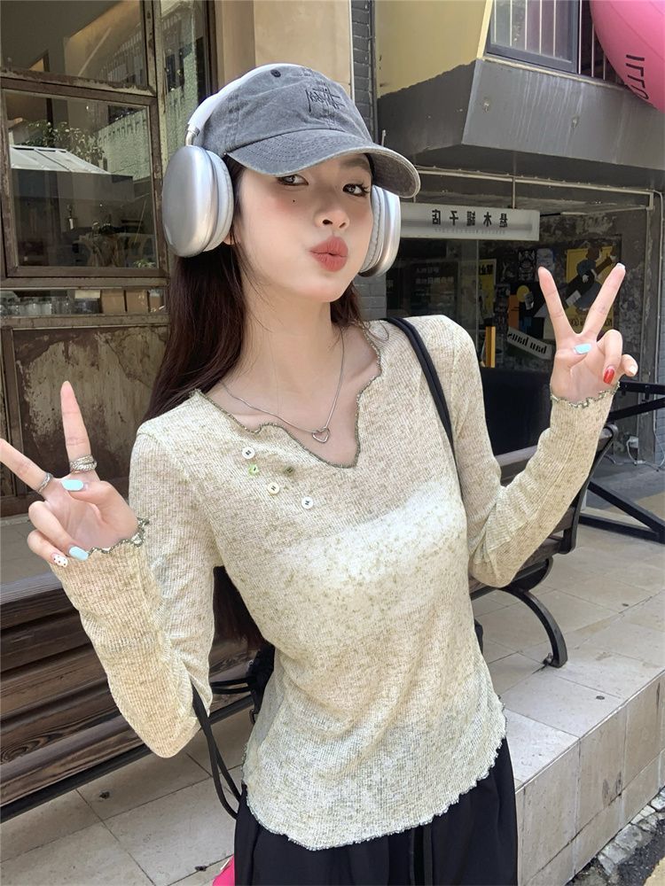 Cross-border V-neck sunscreen blouse long sleeve T-shirt women's autumn new retro slimming all-match pure desire hot girl top