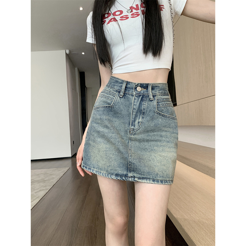 2401 High Waist Denim Skirt Denim Hip Skirt Skirt High Waist 2023 Spring and Summer Spice Girl Slim A- line Short Skirt Trendy