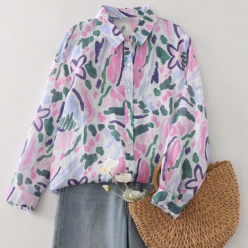 Colorful Ink Printed Shirt Women's 2024 Autumn New Lightweight Breathable Polo Collar Long Sleeve Cardigan Top