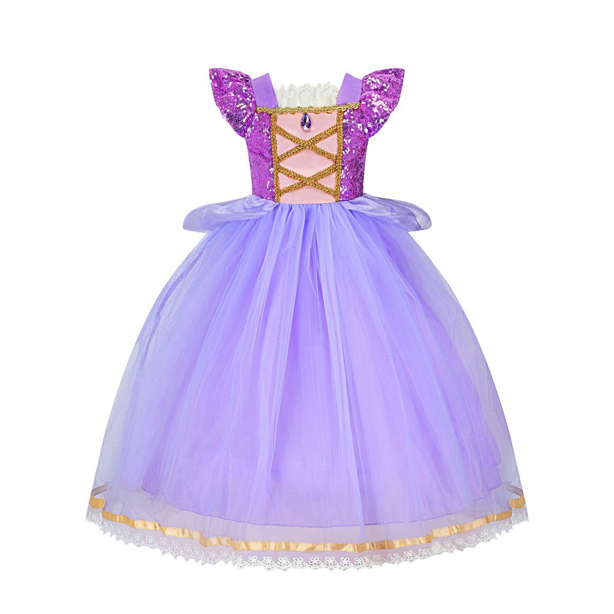 Cross-border Foreign Trade Le Pei Princess Dress Halloween Girls Small Flying Sleeve Purple Long Hair Sequin Princess Dress Bow