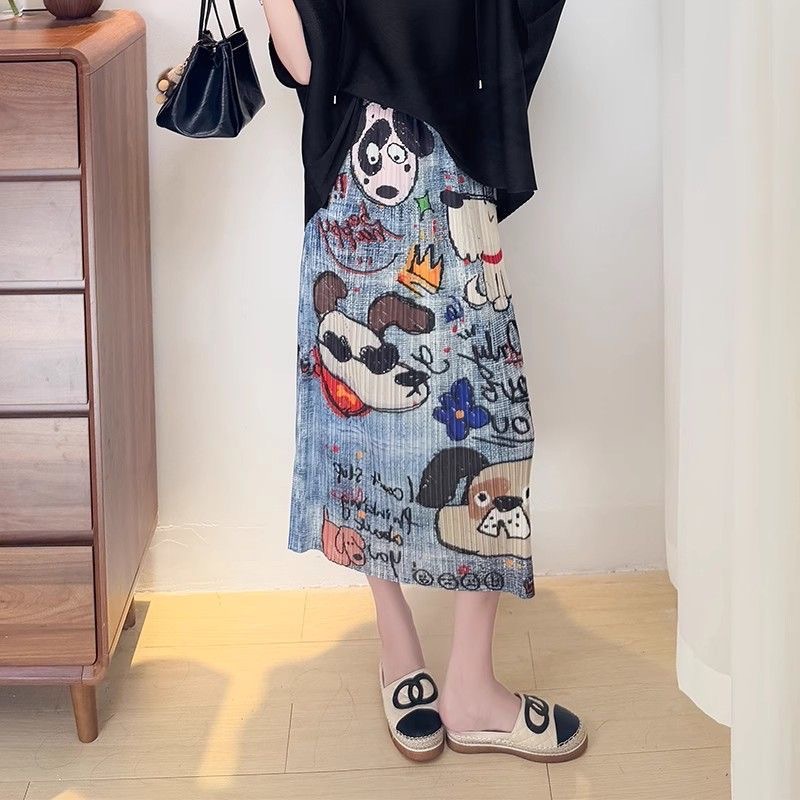 Picture of Niche design pleated skirt spring and summer thin elastic waist printed slimming age-reducing hip slit pleated skirt