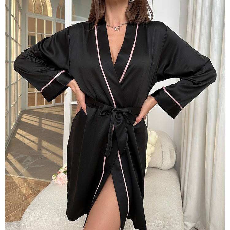 in stock bao Long Ice Silk Nightgown Summer Thin Fashionable Simple Home Clothes Women Sexy Cardigan Bathrobe