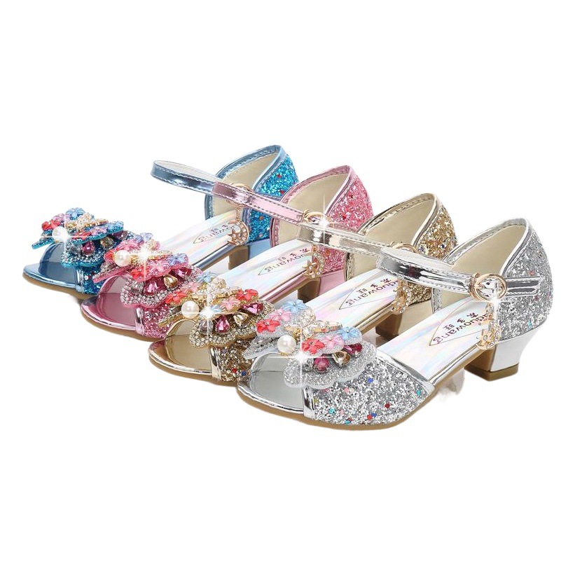 2025 Spring New Korean Style Girls Princess Sandals Bow High Heels Frozen Same Style Girls Fish Mouth