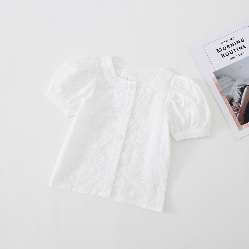 Picture of South Korea girls' white shirt summer new Korean style elegant lightweight breathable baby jacquard shirt little girl top