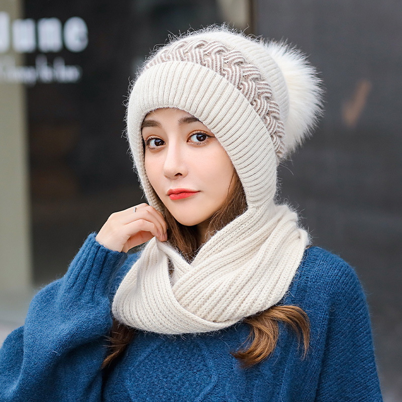 Hat Women's Autumn and Winter One-piece Wool Rabbit Hair Hat Warm Thickened Knitted Pullover Riding Ear Protection Neck One-piece Hat