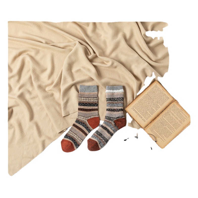 Amazon Cross-border Special for Winter Curry Color Striped Rabbit Wool Socks Thickened Warm Ethnic Socks