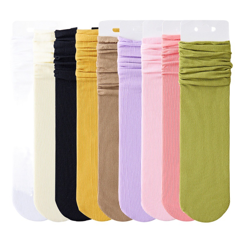Autumn socks women's thin ice socks ins trendy boneless pile socks black and white solid color ice stockings mid-calf length socks