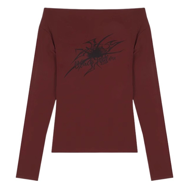 [Self-established factory in stock now released] off-shoulder long-sleeved T-shirt women's printed slim waist bottoming shirt top