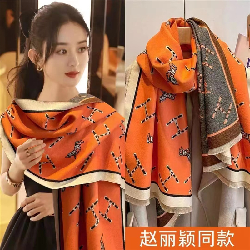 Picture of 2024 New Fashionable Big-Name Versatile Orange High-End Wool Cashmere Shawl Scarf for Women Winter Dual Use
