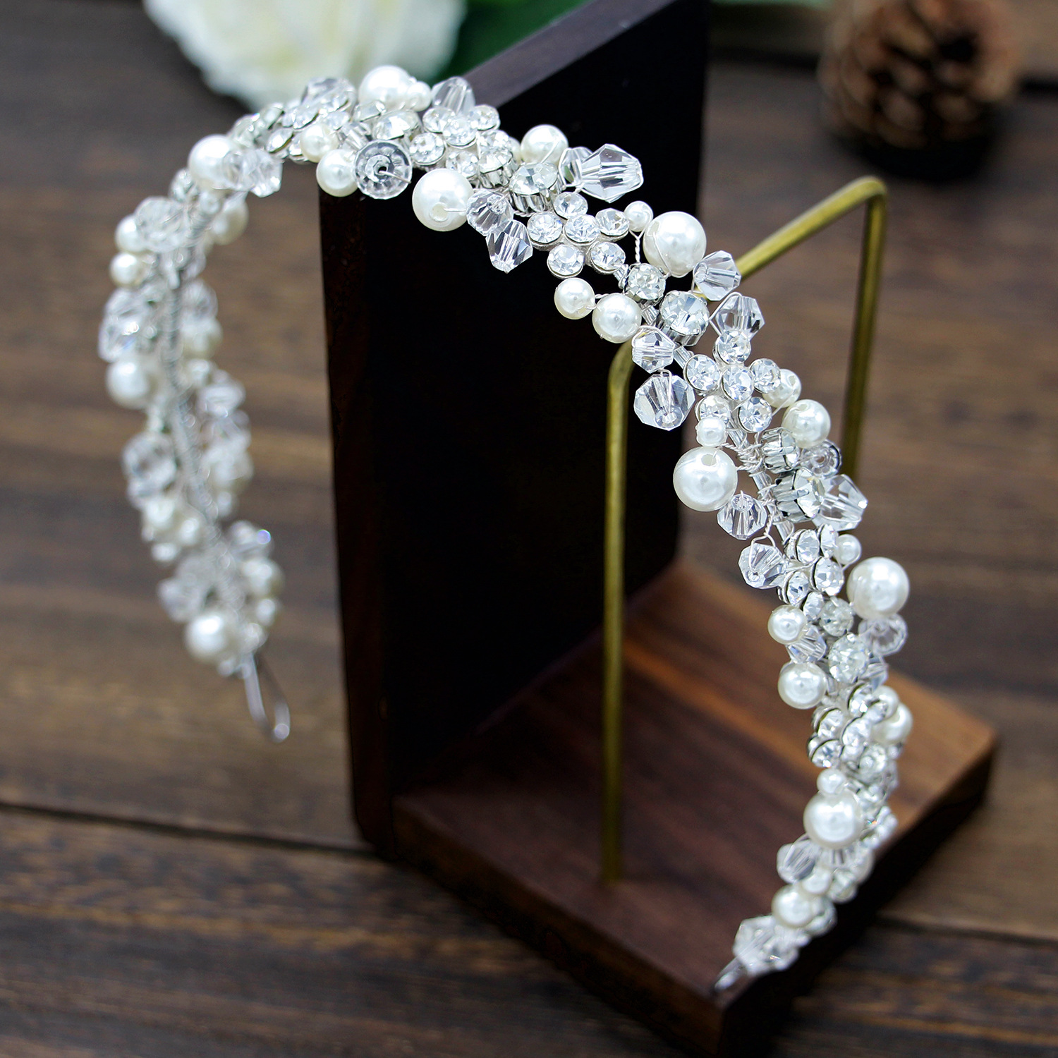 European and American Cross-border Handmade Pearl Crystal Twisted Bead Soft Chain Headband Alloy Diamond Crown Bridal Headwear