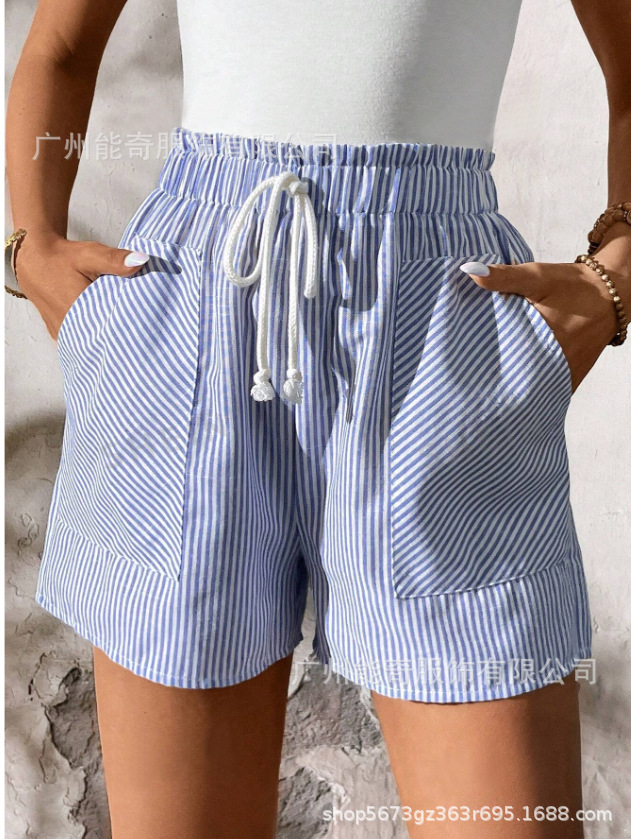 European and American Fashion Striped Casual Shorts Cross-border Women's Loose Pocket 2024 Amazon Summer High Waist Wide Leg Pants