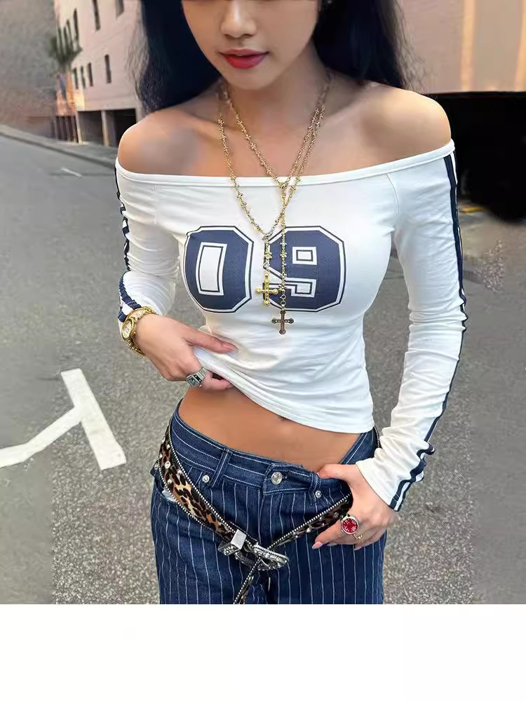 American Style Hot Girl Letter Printed Shoulder Long-Sleeved T-Shirt Striped Contrast Stitching Slimming Short Top