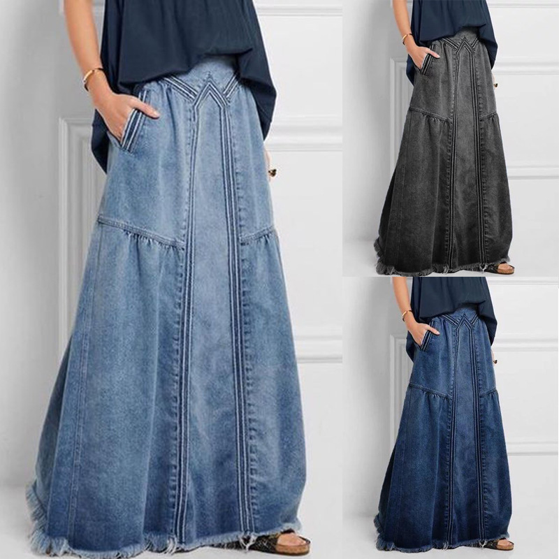 European and American Cross-Border Women's Spring and Summer Denim A-Line Skirt with Striped Brushed Elastic High-Waisted Denim Long Skirt Nk363