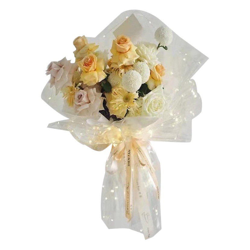 Creative luminous wrapping paper small lantern bouquet packaging Gypsophila romantic led transparent waterproof cellophane with light