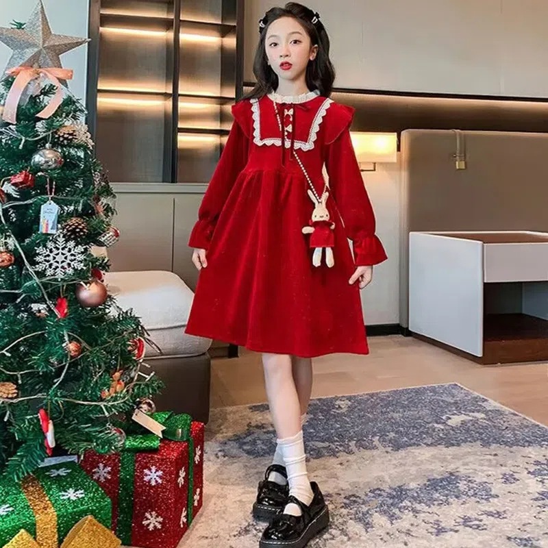 Girls' Dress Autumn New Year's Dress Big Children's New Year's Dress Western Style Girl's Spring Red New Year Dress