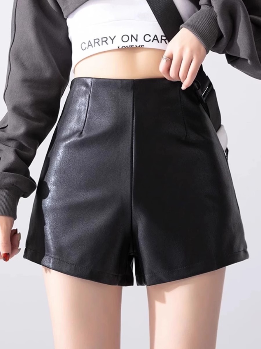 Picture of 2023 autumn and winter new pu leather shorts women's black small leather pants high waist slimming a-line pants fashion outwear pants