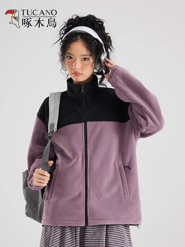 Woodpecker Fleece Jacket for Men and Women, Autumn and Winter 2025 New Thickeneded Warm Color Matching Stand Collar Casual Polar Fleece Jacket
