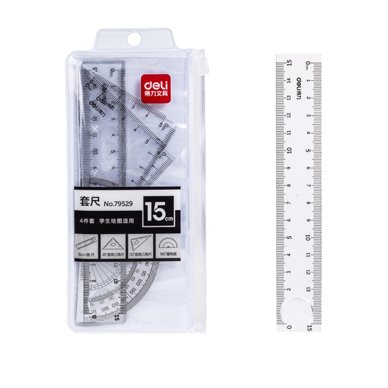 Picture of Deli ruler suit ruler triangle ruler protractor primary school student four-piece set of ruler stationery reward learning tool