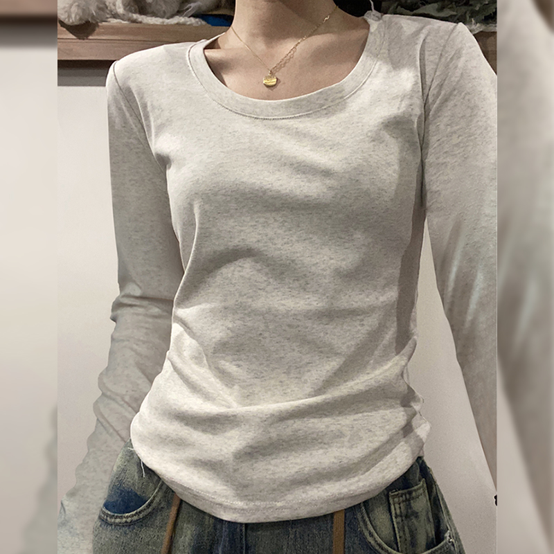 American Style Shoulder Long-Sleeved T-Shirt Women's Autumn and Winter Women's New U-Neck Slim-Fit Sanding Base Shirt Top for Women