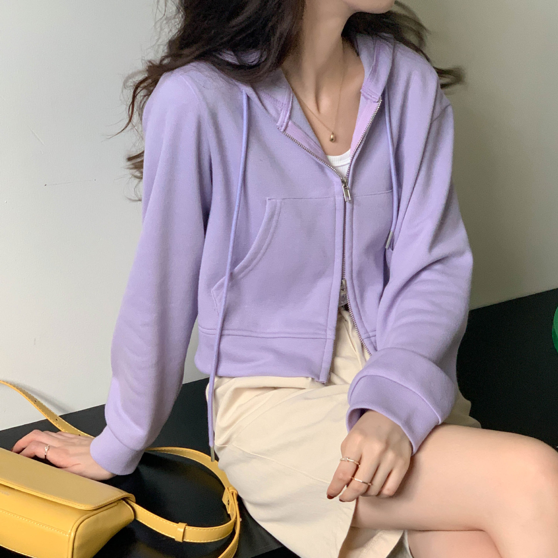 Picture of Thin Cotton Sweatshirt Women's Short Design Spring and Summer Short Pink Top Casual Hooded Cardigan Zipper Jacket