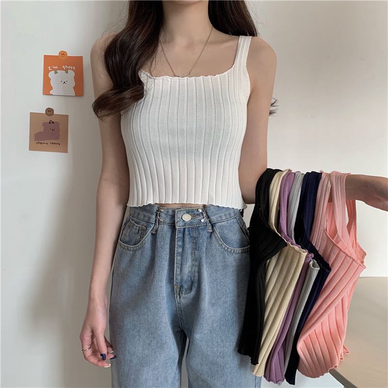 Sweet Short Versatile Vertical Stripesd Pure Color Slim Knitted Halter Top for Women 2021 New Navel Top Small Vest