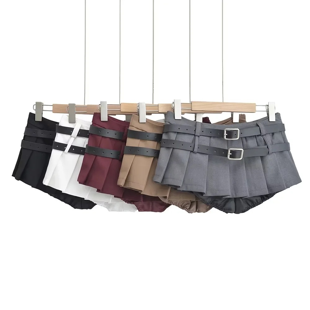 American-style sexy double belt skirt hot girl style anti-exposure design pleated skirt internet celebrity short skirt fashion