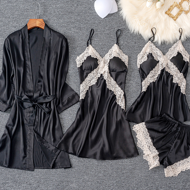 Picture of Spring and Summer Women's Pajamas, Ice Silk Thin Five-Piece Set, Sexy Camisole Nightdress, Large Size Loose Nightgown with Chest Pad, Loungewear
