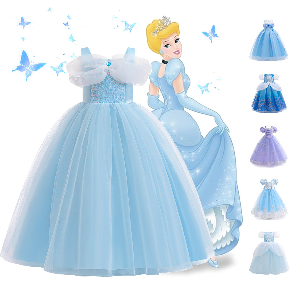 Cross-Border New Girls Performance Clothing Cosplay Children's Dress Mesh Print Princess Dress Puff Sleeve Ice and Snow Dress
