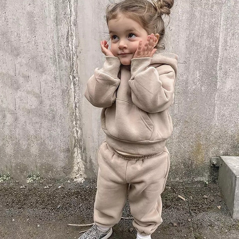 2024 children's clothing boys and girls Korean winter clothing suit simple solid color hooded sweater leggings fleece suit