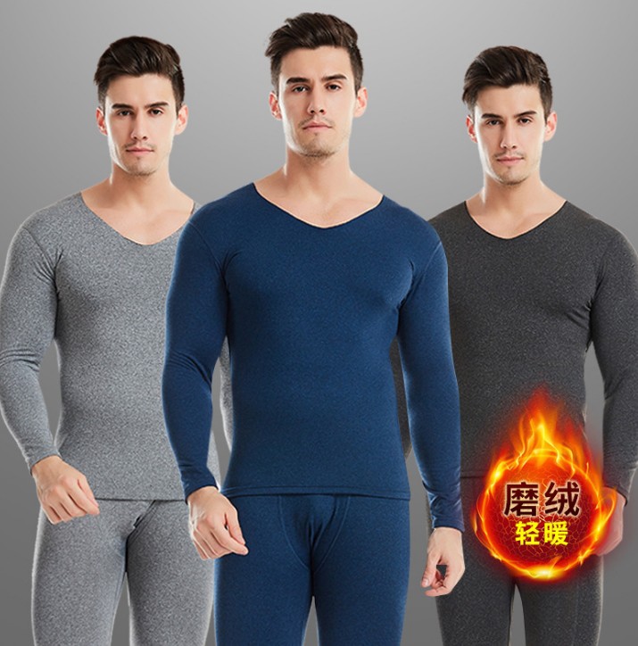 Men's Seamless Thermal Underwear Set Cationic Invisible V-neck Autumn Clothes and Pants Seamless Winter Thin Base Shirt for Men