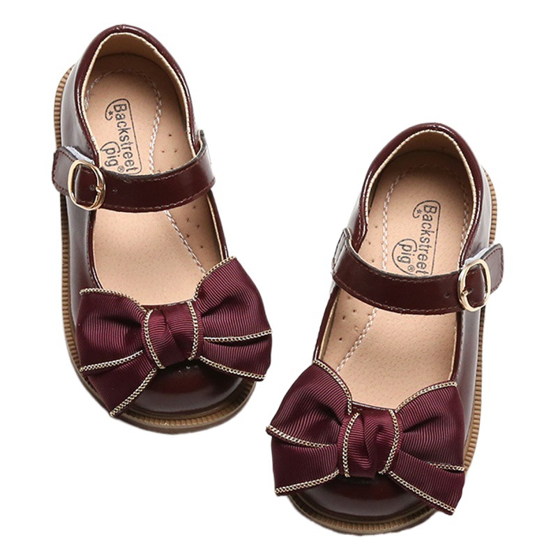 Bow girls small leather shoes spring and autumn new baby shoes leather soft bottom children's shoes black girls shoes tide
