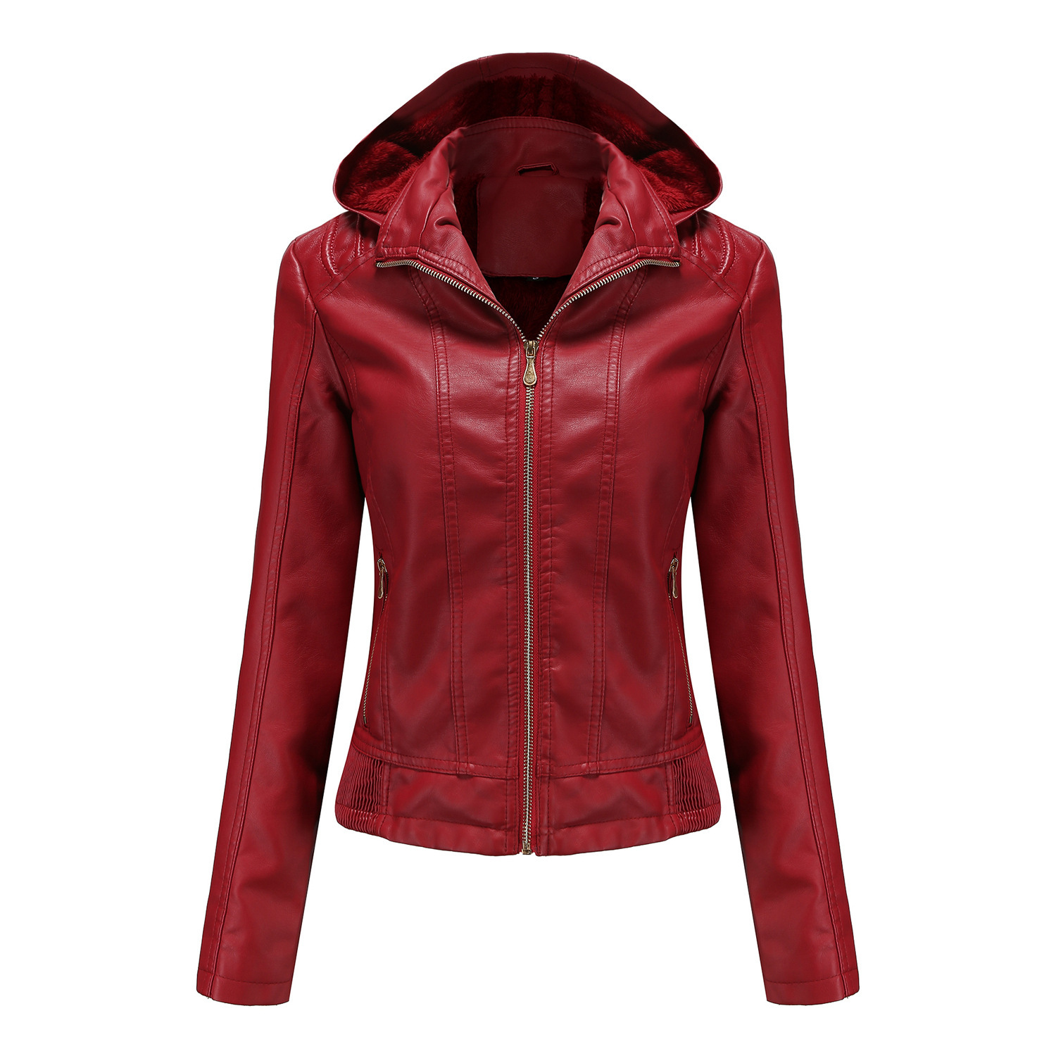 Picture of Fall 2022 Winter Hooded Leather Women's Removable Hat Zipper Long-sleeved fleece-lined Leather Jacket European-size Slim-fit Jacket Cross-border