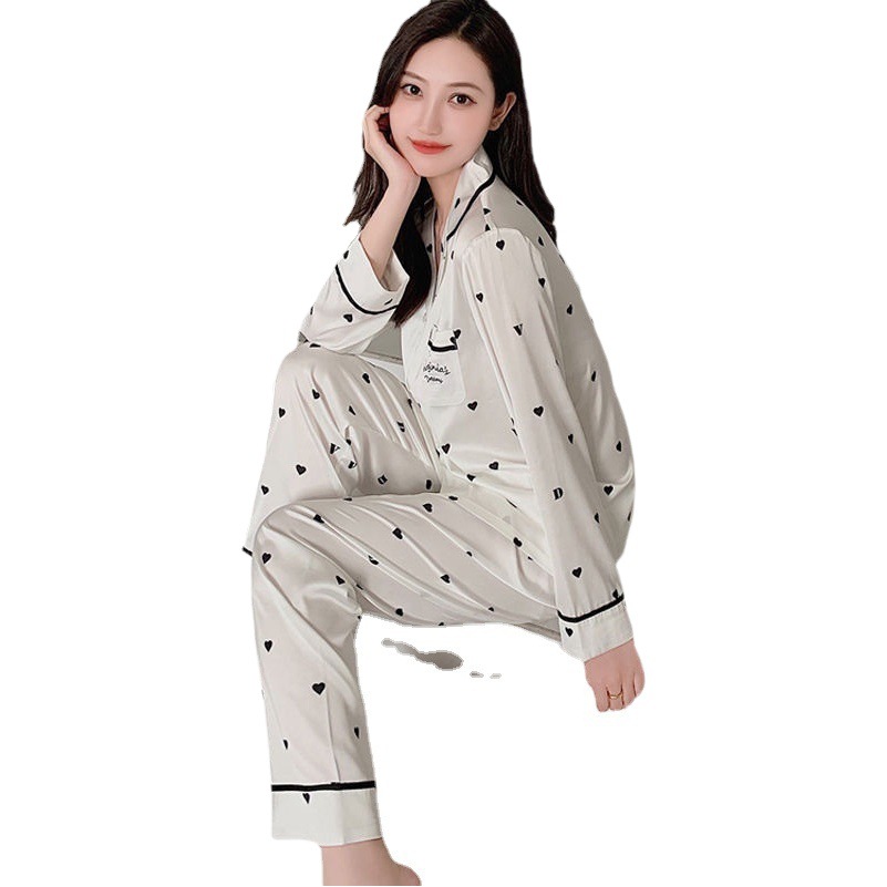 White ins pajamas women's summer ice silk long sleeve high-grade sweet cardigan new silk home wear suit