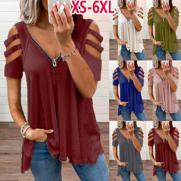 2024 Cross-Border European and American Summer Aliexpress Amazon Casual V-Neck Zipper Top for Women Clearance Sale