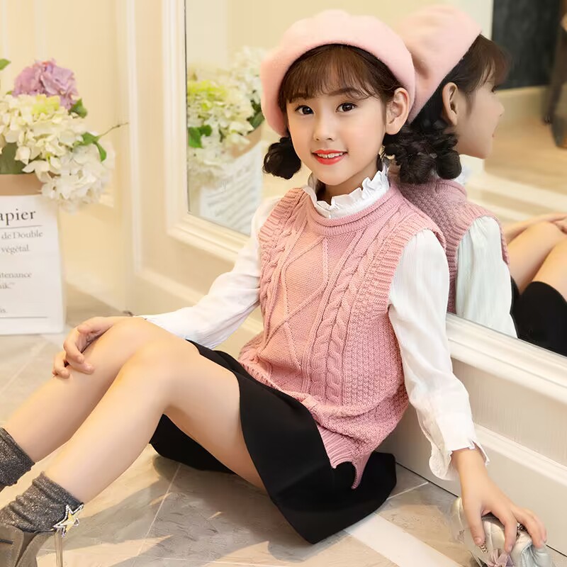 Picture of Girls' sweater vest spring and autumn middle and big children lady knitted warm vest autumn girls all-match sweet vest