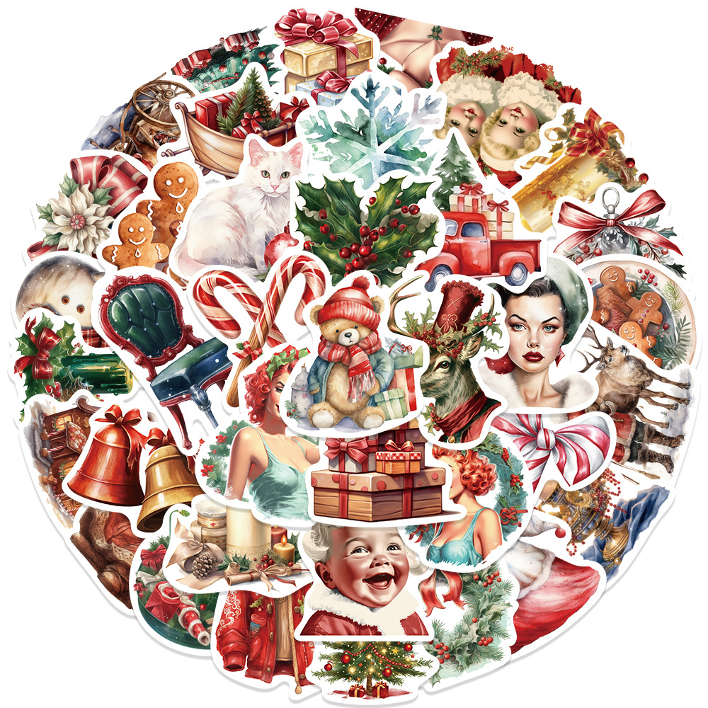 50 new retro Christmas party decorative stickers Christmas gift stickers diy water cup mobile phone refrigerator