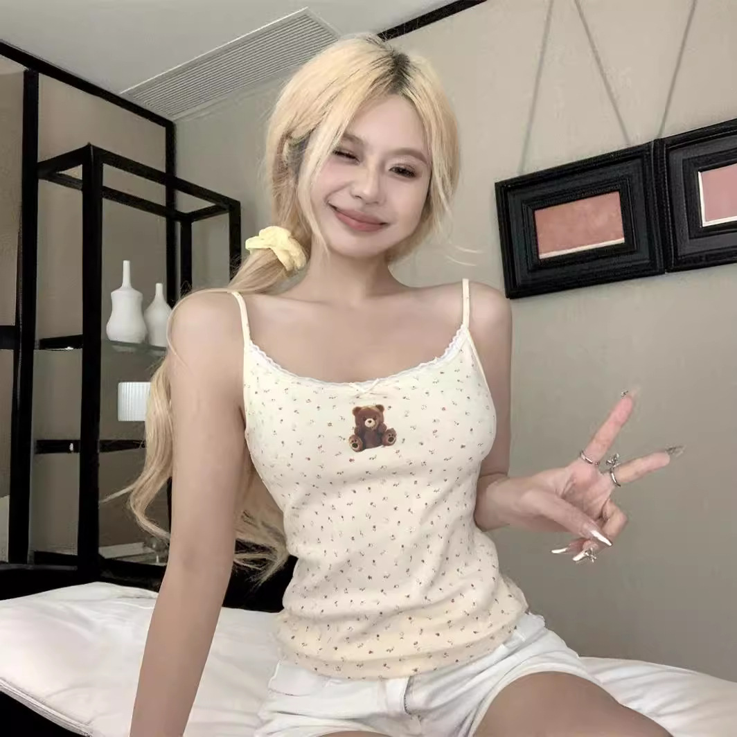 Cute Bear Printed Camisole Women's Summer Lace Inner Short Sweet Floral Top for Outer Wear