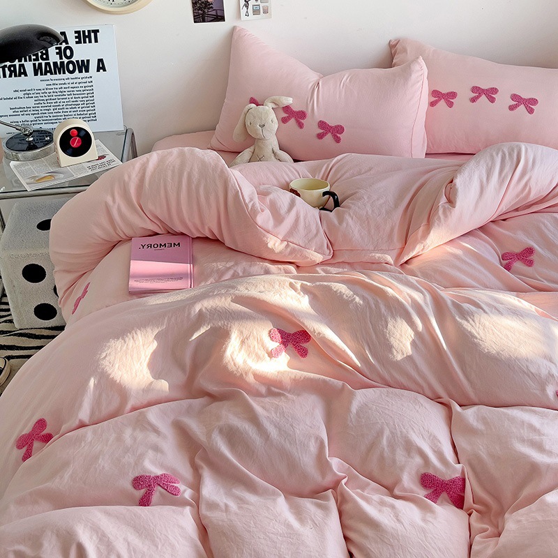 Category a Maternal and Infant Grade Four-Piece Set for Naked Sleeping, Washed Cotton Dormitory Three-Piece Set, Pure Color Quilt Cover, Bed Sheets, Quilt Cover and Fitted Bed Sheets