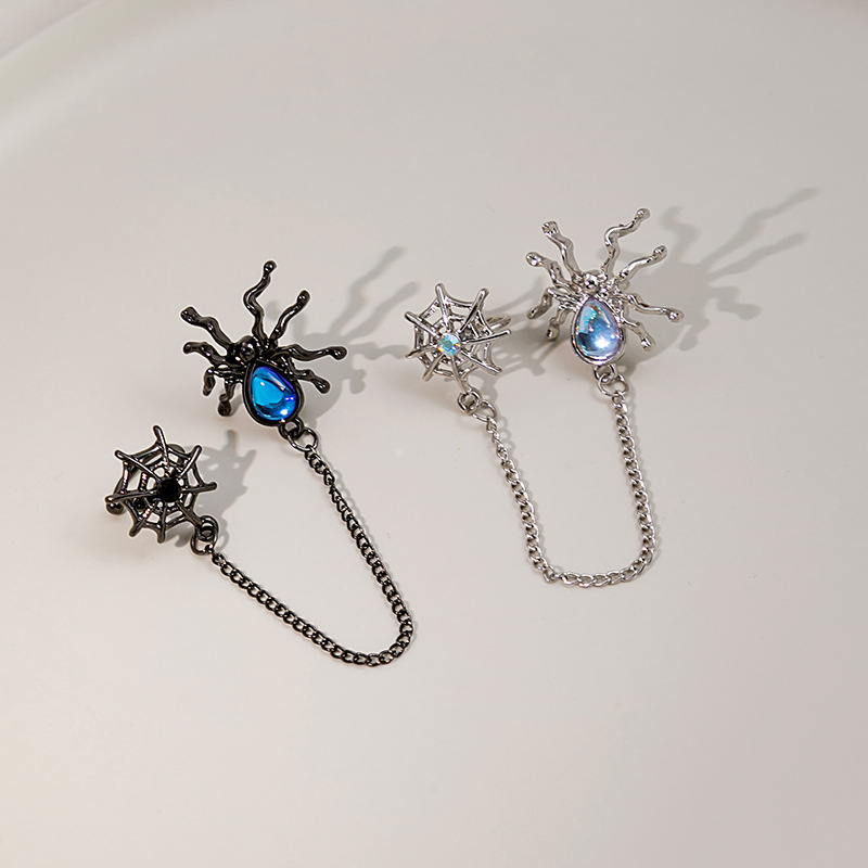 Silver Needle Dark Style Spider Ear Bone Clip European and American Metallic Chain Earrings Moonstone Water Drop Spider Web Ear Clip