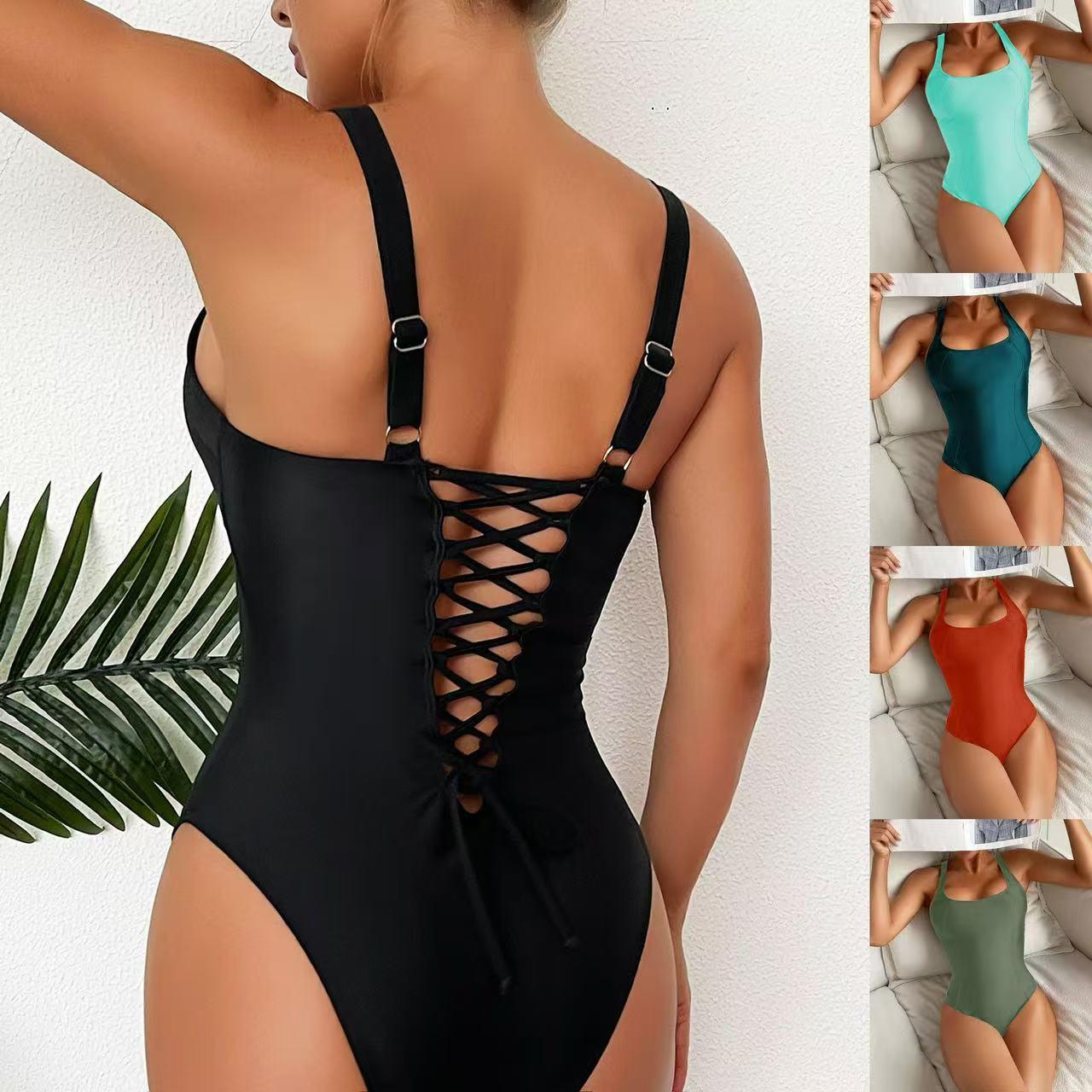 New Slim-fit Conservative one-piece Swimsuit Cross-border Solid Color Hollow Beach Bikini Swimsuit Beautiful Back one-piece Swimsuit Europe and America