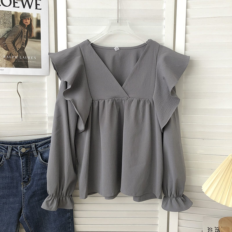 Picture of Autumn 2022 Korean-style Retro All-match Loose V-neck Ruffled Long Sleeve Outer Wear Solid Color Doll Shirt Top